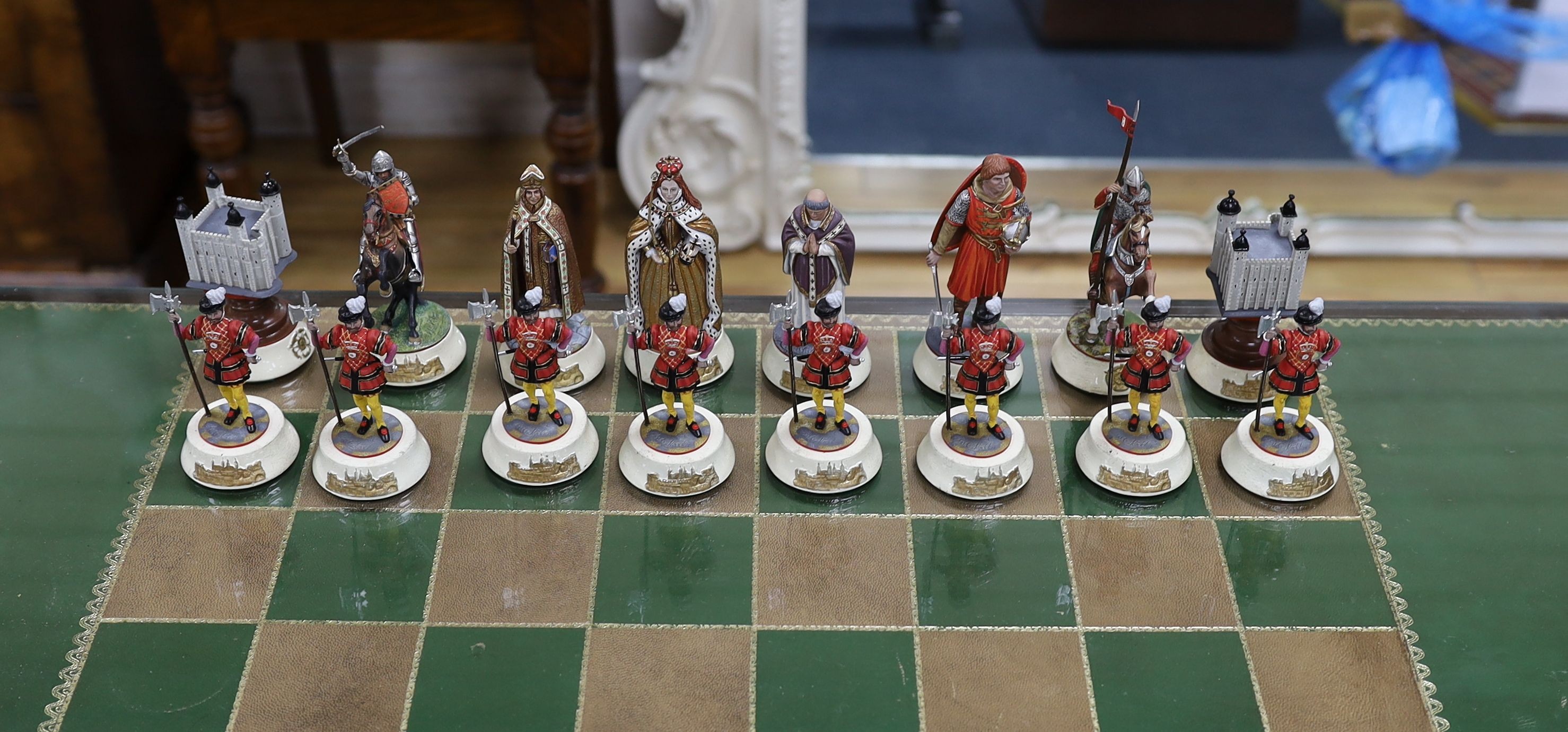 A Tower of London boxed/cased chess set, table width 80cm, depth 55cm, height 75cm